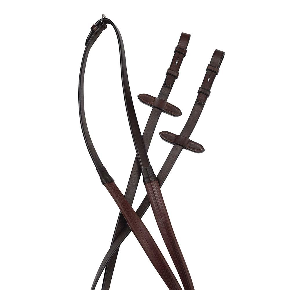 Collegiate Flexi Grip Reins by Collegiate, brown leather with grip sections and buckles crossed.