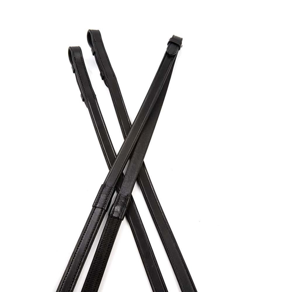 Two Collegiate One Sided Rubber Reins crossed on a white background.