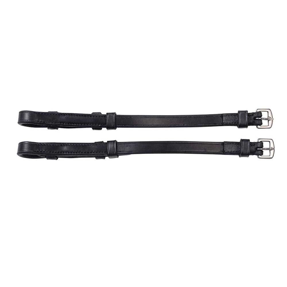 Collegiate Cheek Pieces—two black leather straps with stainless steel fittings on white.
