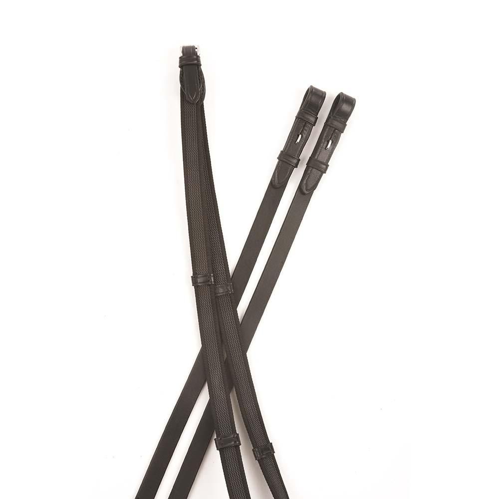 Collegiate Sure Grip Reins by Collegiate, leather and rubber, crossed on a white background.