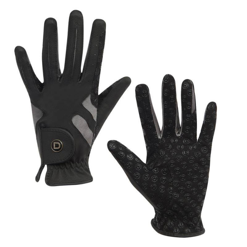Dublin Cool-It Gel Riding Glove Black/Grey with grip dots and adjustable wrist closure shown.