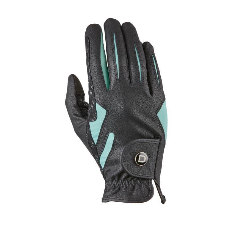 Dublin Cool-It Gel Riding Glove in black/teal, palm down with buttoned strap.