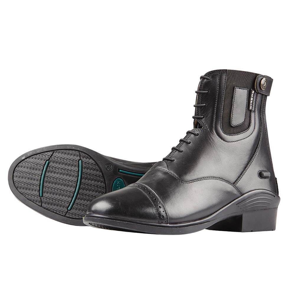 Dublin Evolution Lace Front Boots: black leather, side zipper, memory foam footbed, rubber sole.