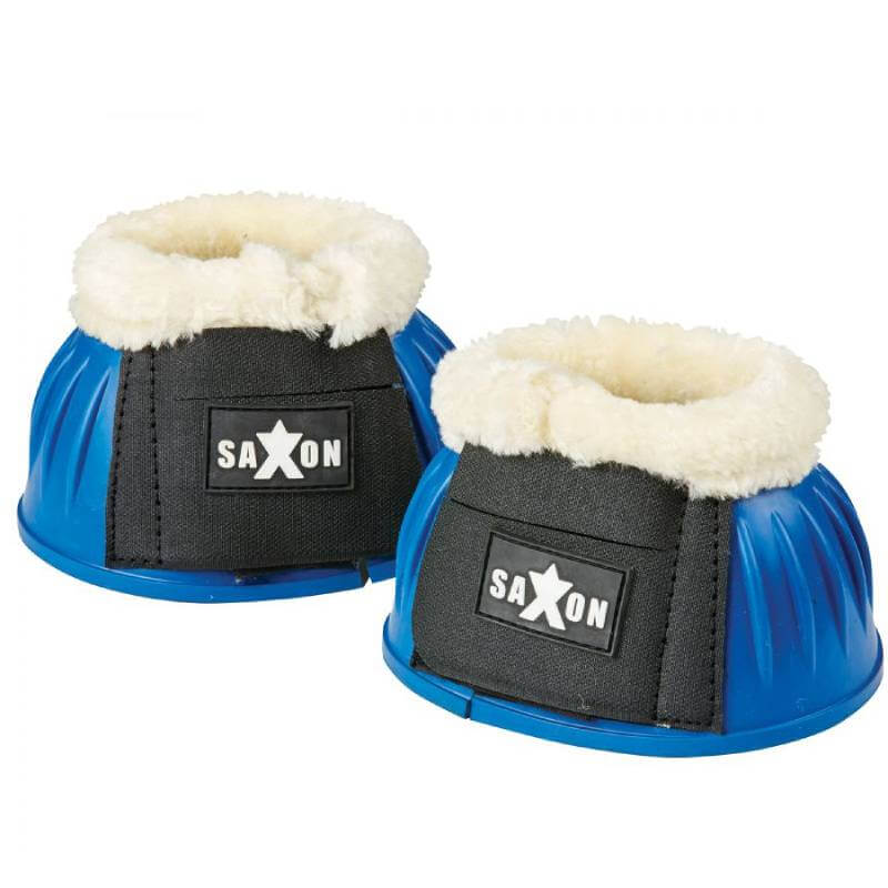 Saxon Fleece Trim Rubber Bell Boots—blue/black with fleece trim and adjustable closures.