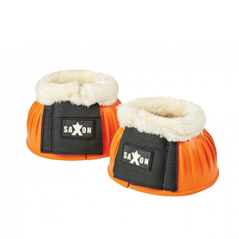 Saxon Fleece Trim Rubber Bell Boots feature orange rubber and adjustable fleece-trimmed closures.