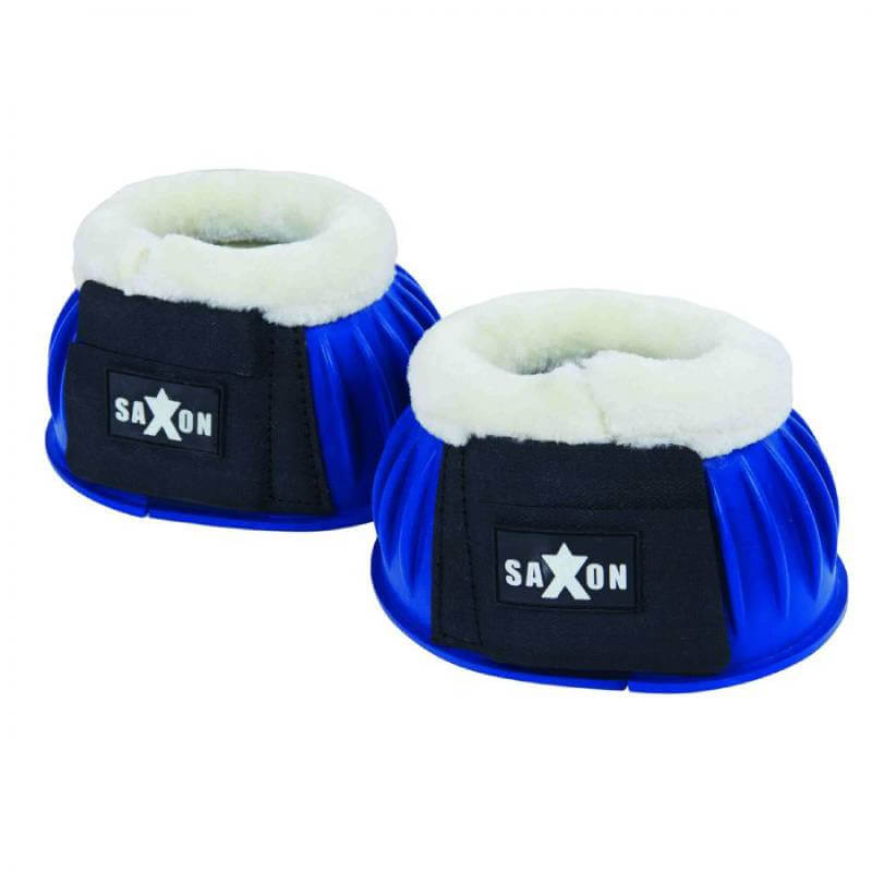 Saxon Fleece Trim Rubber Bell Boots: blue rubber, white fleece, black logo, adjustable closures.