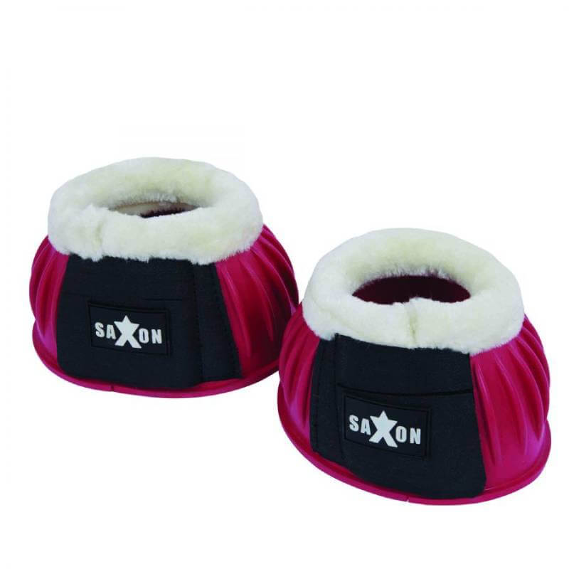Saxon Fleece Trim Rubber Bell Boots in pink/black with white lining and fleece trim.