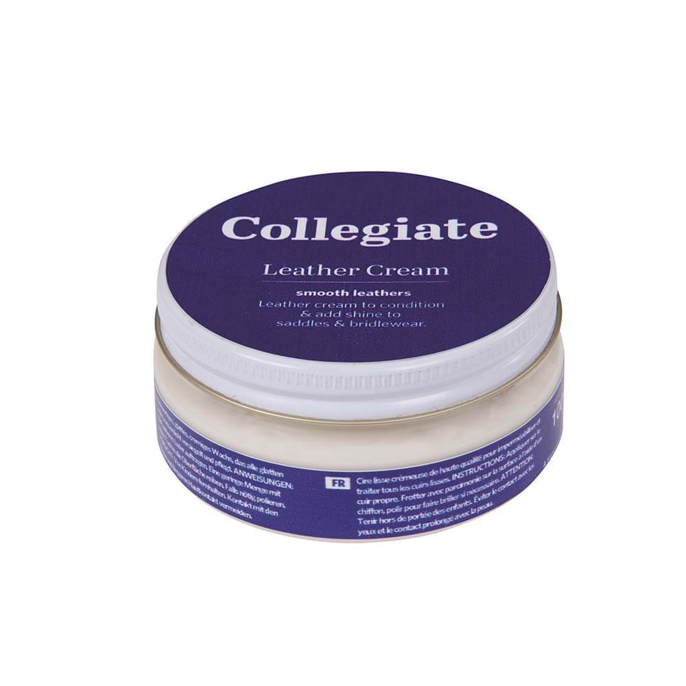 100ml round container of Collegiate Leather Cream with purple lid for saddles and bridlewear.
