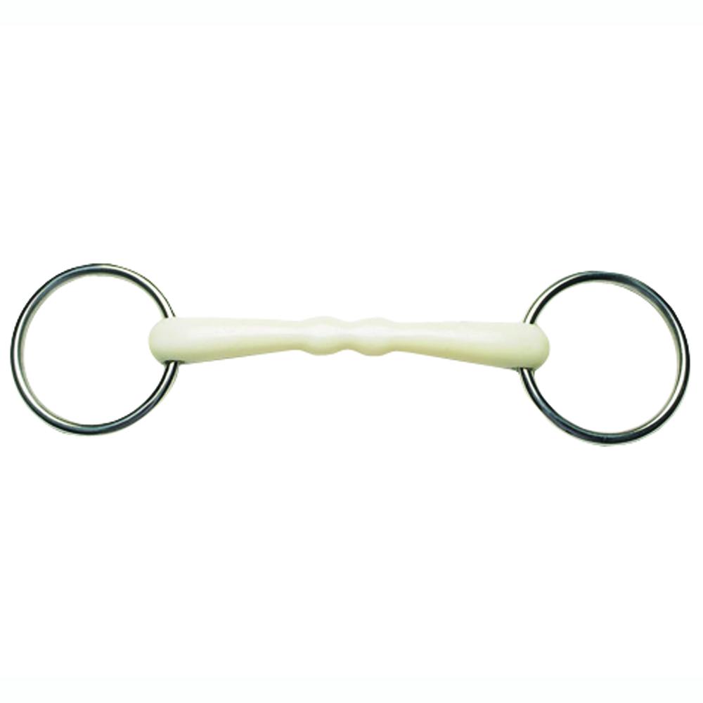 Korsteel Flexi Loose Ring Mullen Mouth Snaffle with a straight white mouthpiece and 2 rings.