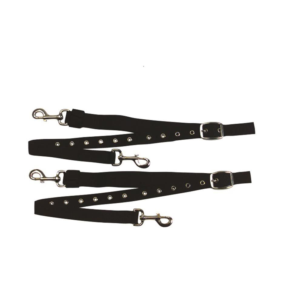 Kincade Nylon Elastic Adjustable Side Reins, black with metal buckles and clips, laid flat.