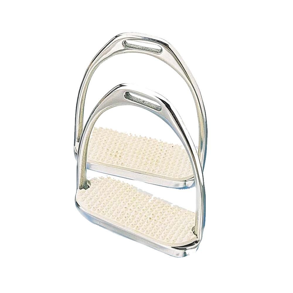 Two Korsteel Knife Edge Stirrup Irons with white textured footrests, standing upright.