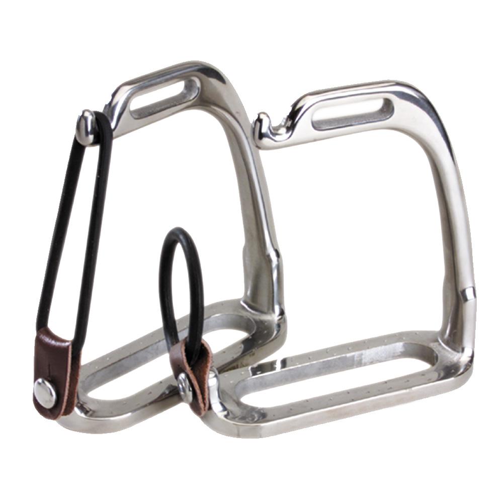 Korsteel Stainless Steel Peacock Stirrup Irons with black rubber bands and brown leather accents.