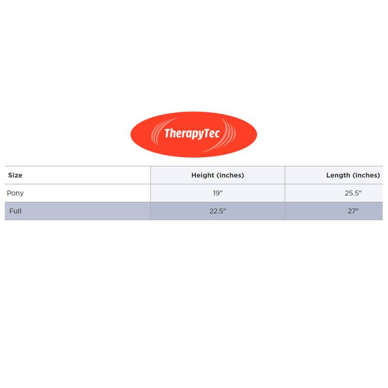 Weatherbeeta Therapy-Tec saddle pad size chart with Pony and Full heights and lengths.