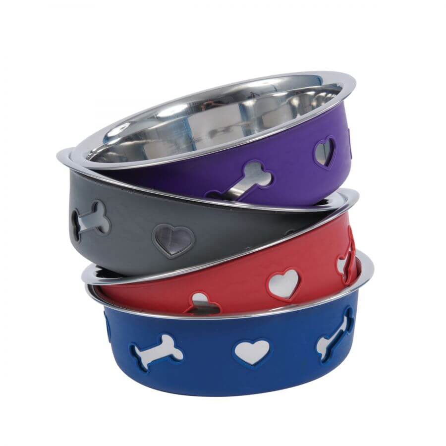 Three stacked Weatherbeeta Non-Slip Stainless Steel Silicone Bowls in blue, red, and purple.