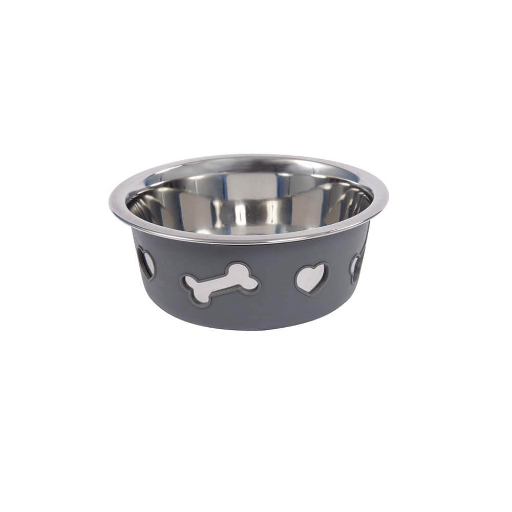 Weatherbeeta Non-Slip Stainless Steel Dog Bowl, Grey, with bone designs on outer surface.