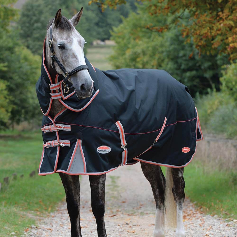 Gray horse in Weatherbeeta Comfitec Premier Therapy-Tec blanket stands outside on gravel path.