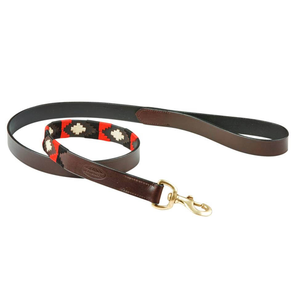 Weatherbeeta Polo Leather Dog Lead in Cowdray brown/black/red/white with brass fittings.