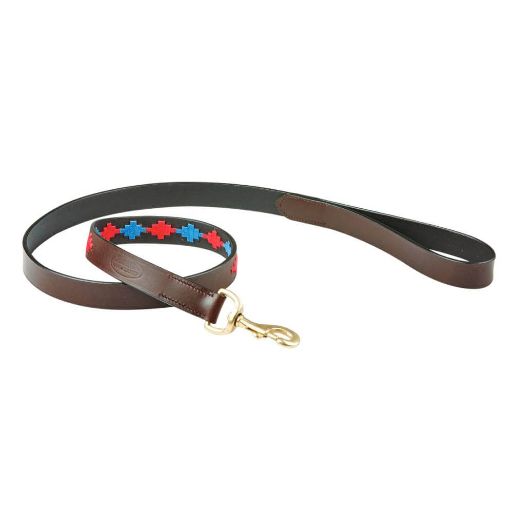 Weatherbeeta Polo Leather Dog Lead in Beaufort Brown/Pink/Blue, matching collar available.