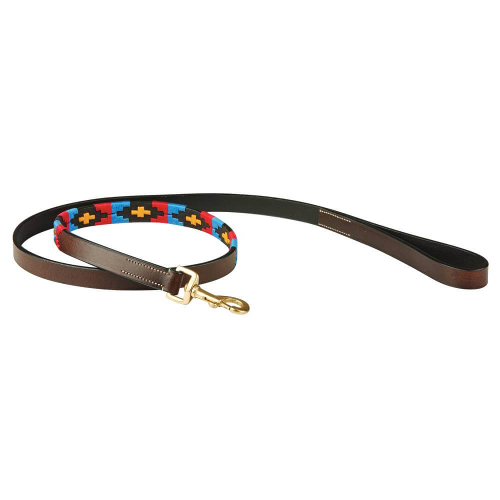Weatherbeeta Polo Leather Dog Lead in Cowdray Brown/Pink/Blue/Yellow with brass fittings.