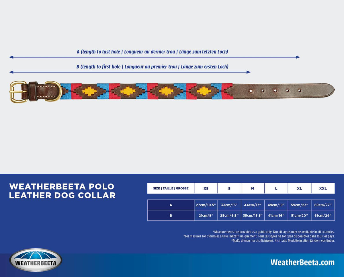 Weatherbeeta Polo Leather Dog Collar with brass fittings, size chart, and measuring instructions.