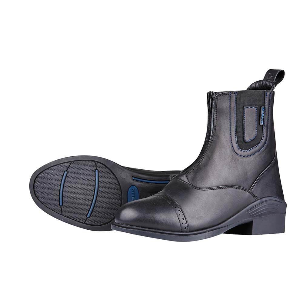 Dublin Evolution Waterproof Zip Front Paddock Boot in black leather with blue stitching, upright.