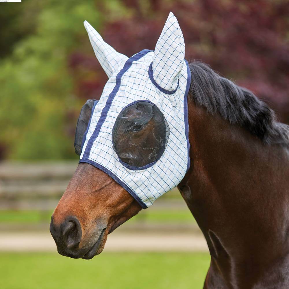 A horse wearing a Kool Coat Classic Fly Mask White/Navy for added UV protection.