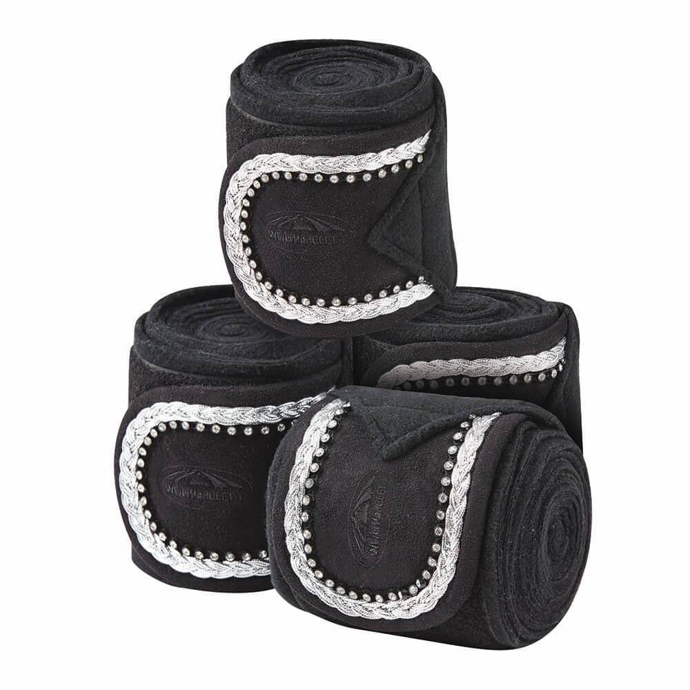 Weatherbeeta Fleece Bling Bandage 4 Pack: black leg wraps with silver trim and studs for horses.