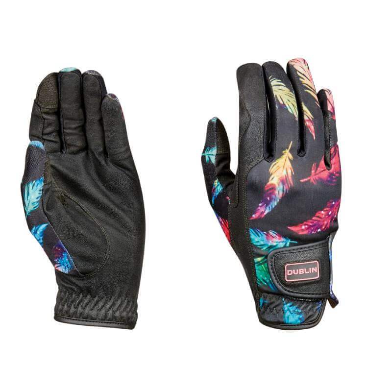 Dublin Print Riding Gloves Feather Print feature colorful feathers and stretch serino fabric.