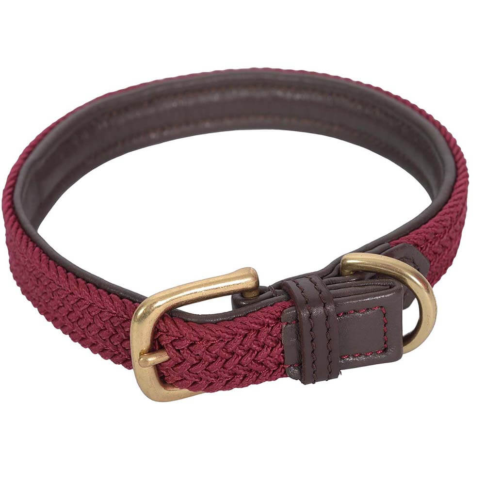 Weatherbeeta Leather Plaited Dog Collar in Brown/Maroon with brass buckle and ring.