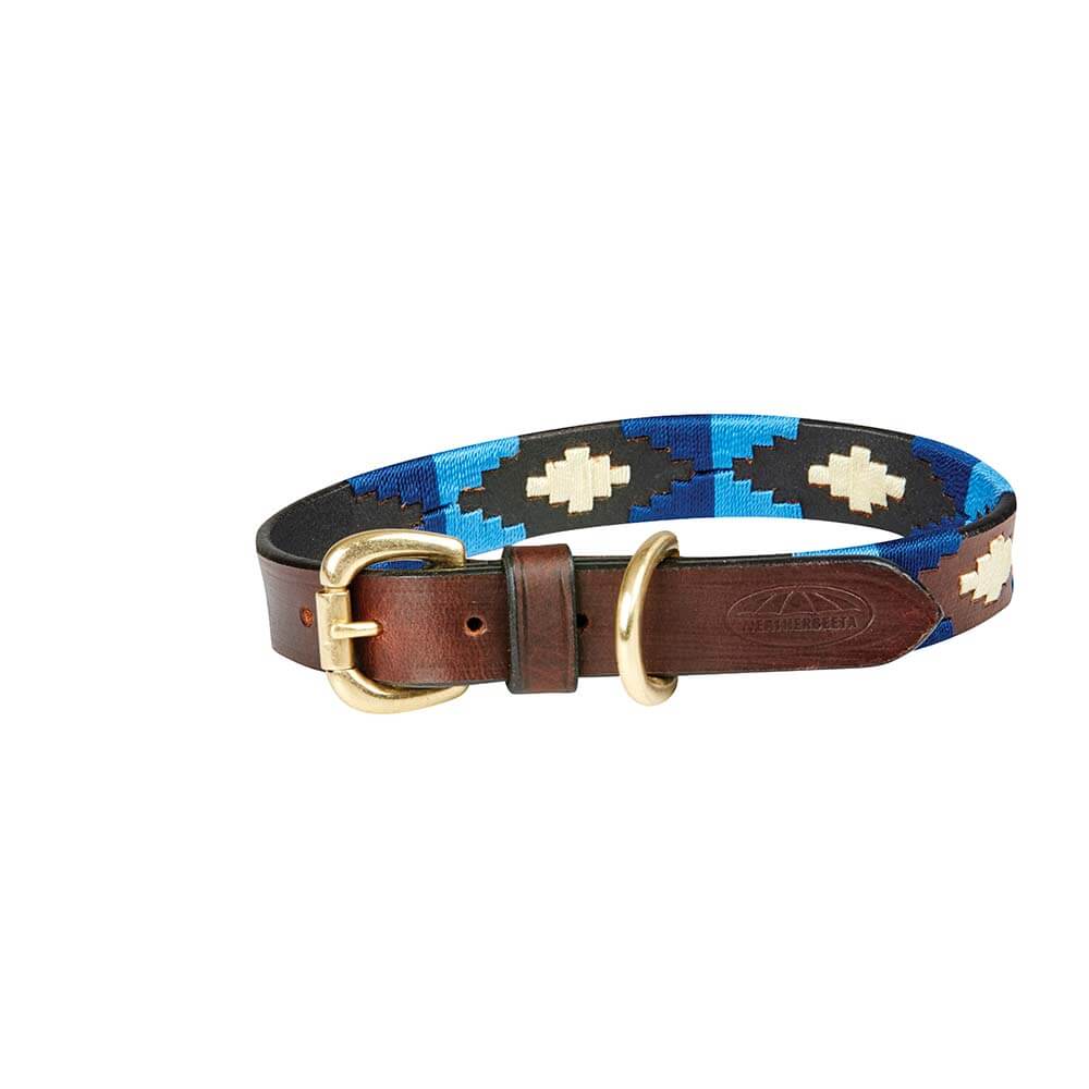 Weatherbeeta Polo Leather Dog Collar Cowdray Brown/Blue with brass fittings and stitched pattern.