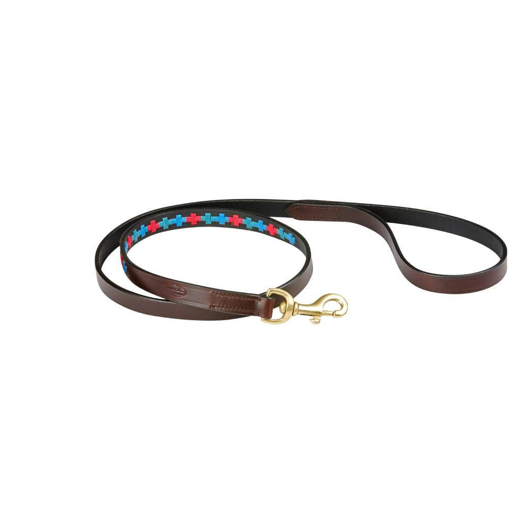 Weatherbeeta Polo Leather Dog Lead in Beaufort Brown with emerald, pink, and blue accents.