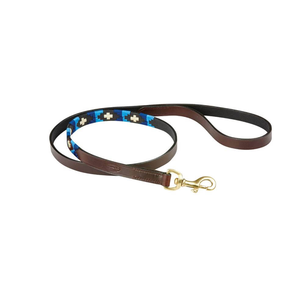Weatherbeeta Polo Leather Dog Lead Cowdray in Brown/Blue with brass fittings.