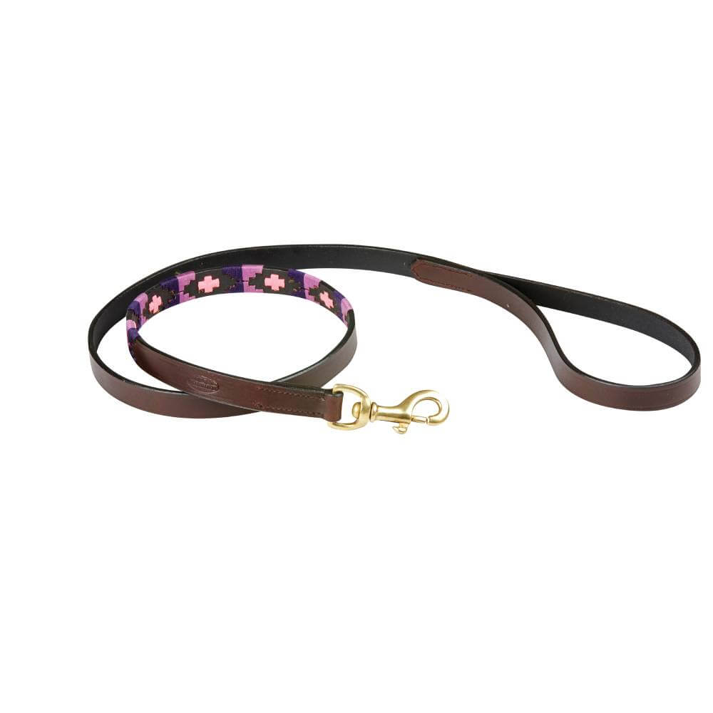 Weatherbeeta Polo Leather Dog Lead Cowdray in brown/purple with brass fittings and pink stitching.