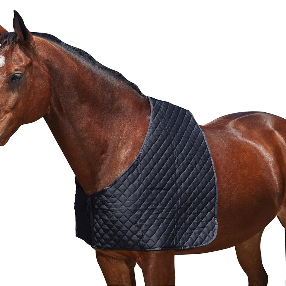 Brown horse with a quilted black blanket and a Weatherbeeta Deluxe Shoulder Guard.
