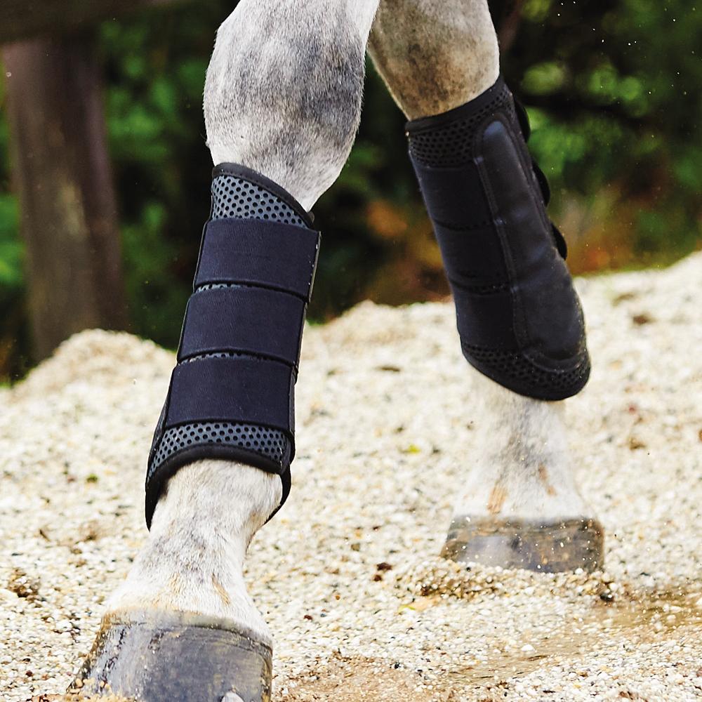 Close-up of a horse’s legs in Weatherbeeta Exercise Boots on a sandy surface.