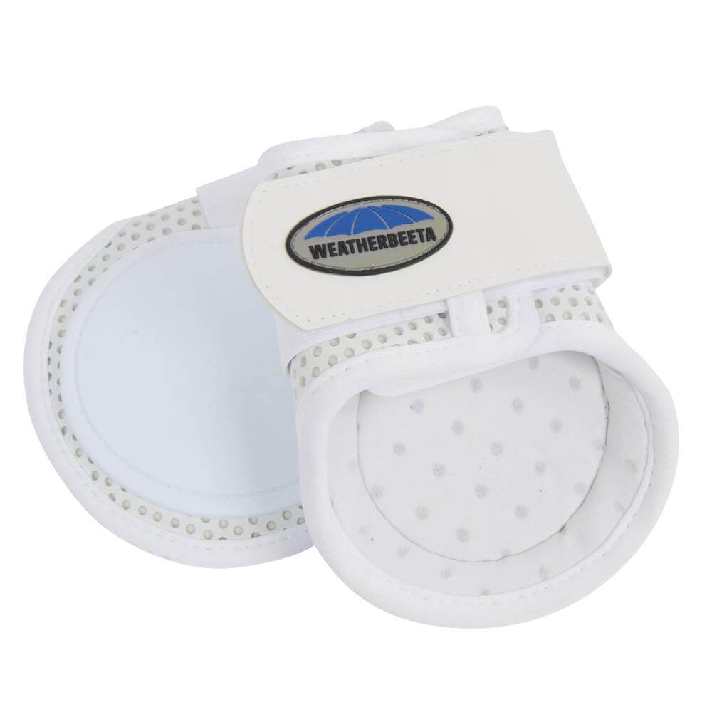 Weatherbeeta Lite Fetlock Boot—white, lightweight equestrian boots with Velcro and blue logo.