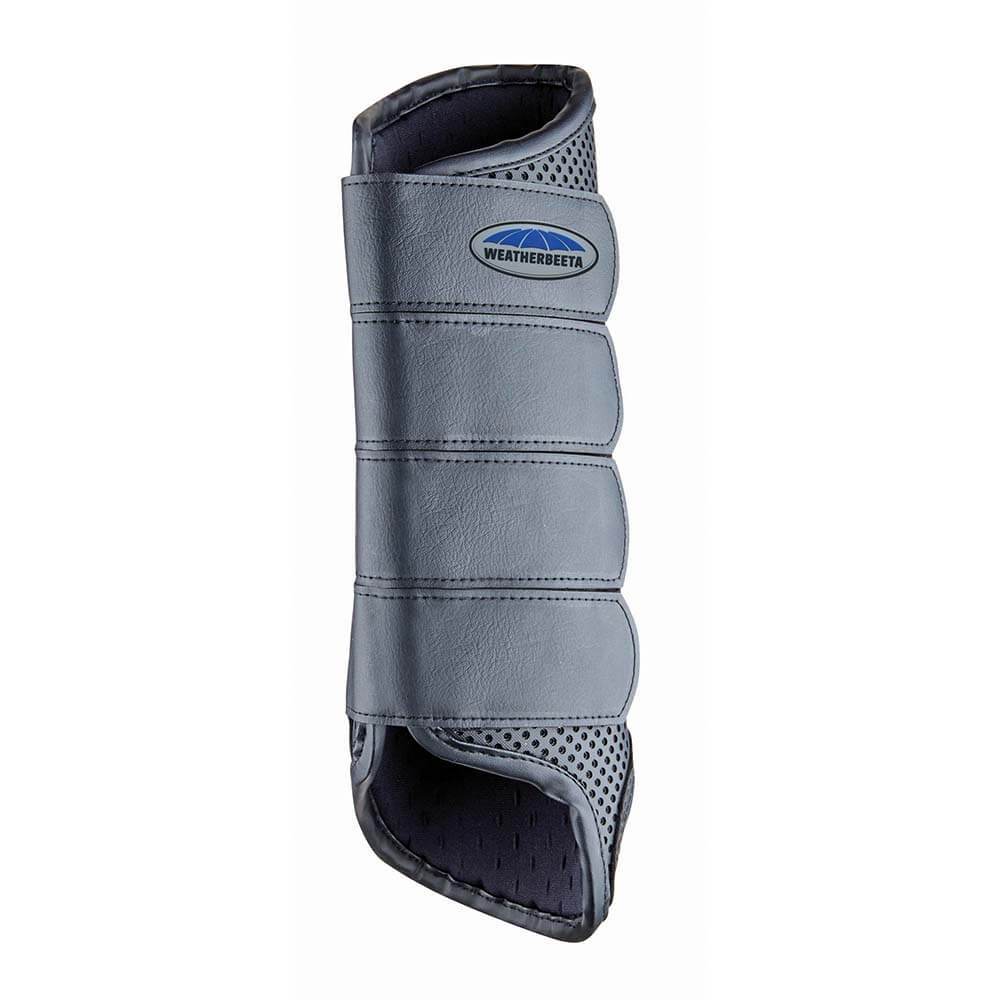Weatherbeeta Cross Country Hind Boots with three straps, gray with blue logo for horse leg protection.