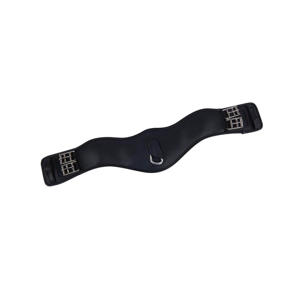 Collegiate Anatomic Dressage Girth in black with buckles and D-ring, shown on white background.