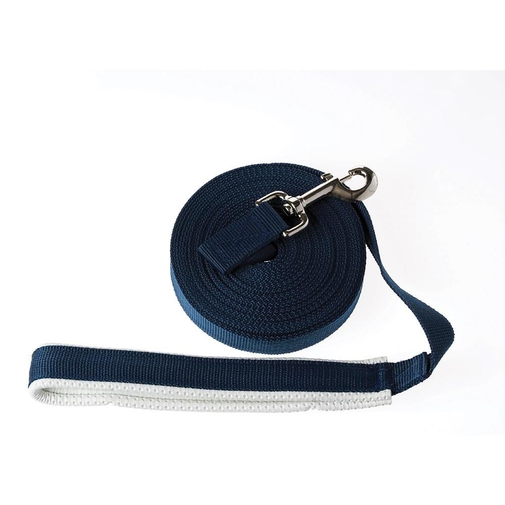 Kincade Equigrip Lunge Rein: blue with Equigrip handle, metal clasp, and padded white grip.