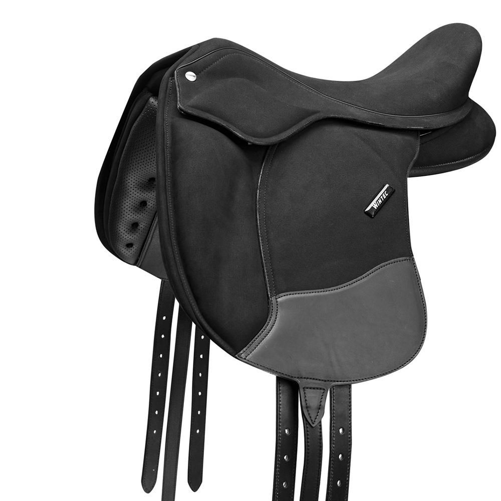 Wintec Pro Pony Dressage Saddle in black leather with stirrup straps and silver logo.
