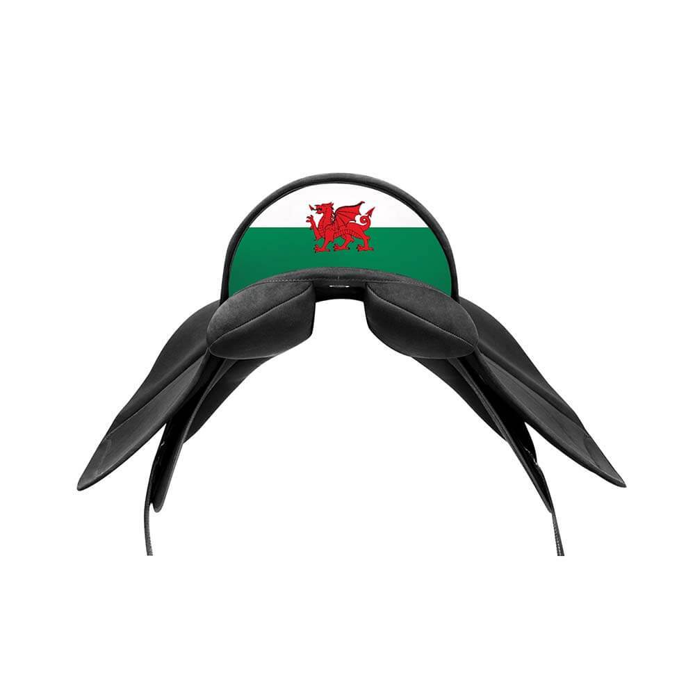 Wintec Winteclite All Purpose saddle with Wales Flag cantle, isolated on white background.