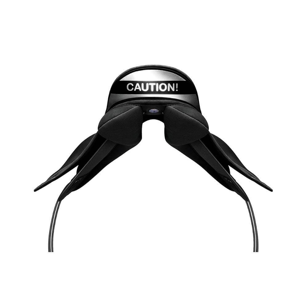 Wintec Winteclite Pony All Purpose Cantle Reflective, black, front view with CAUTION! on top.
