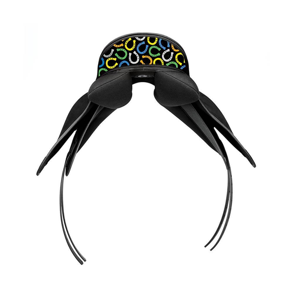 Wintec Winteclite Pony Cantle with coloured horseshoes and black ear-shaped flaps.