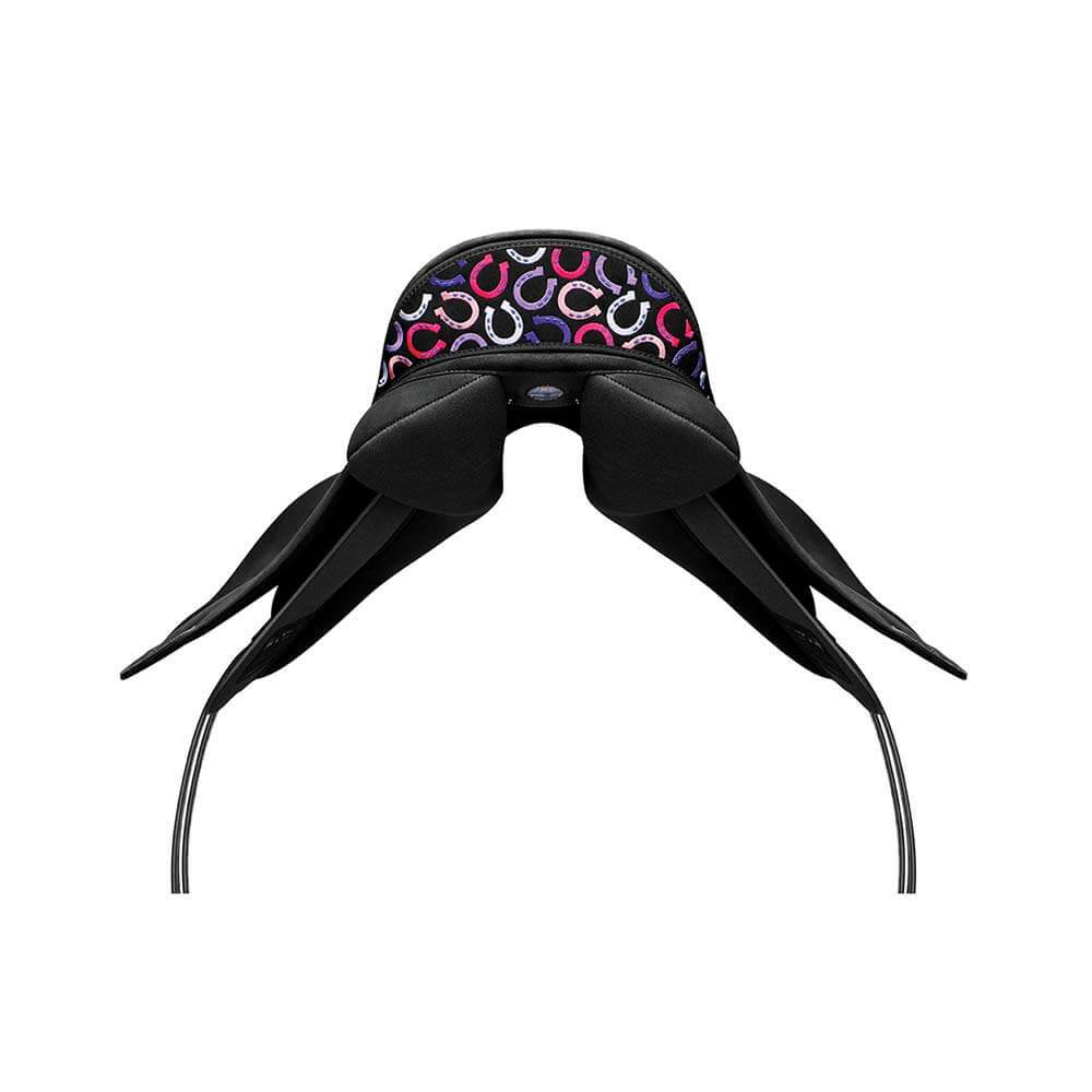 Wintec Winteclite Pony sleep mask with pink horseshoes, extended flaps, on white background.
