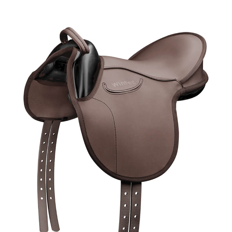 Wintec Kids Saddle Brown—lightweight, durable, and comfortable, with stirrup straps included.