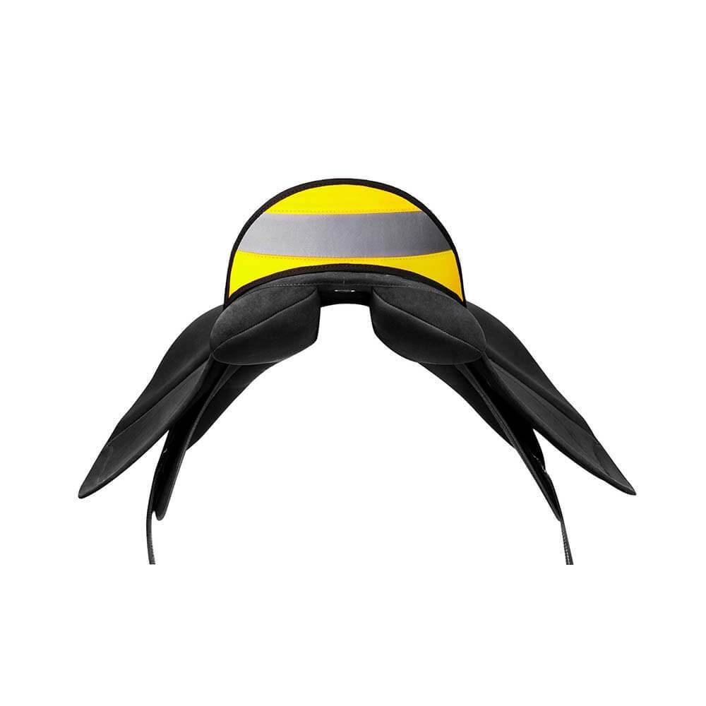 Wintec Winteclite Wide All Purpose Cantle Yellow, yellow and gray-striped seat, rear view.