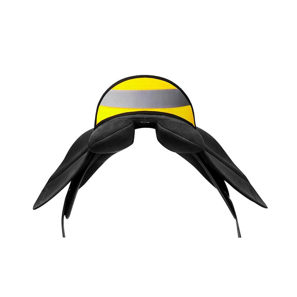 Wintec Winteclite All Purpose Cantle Yellow saddle, high-vis reflective back, on white.