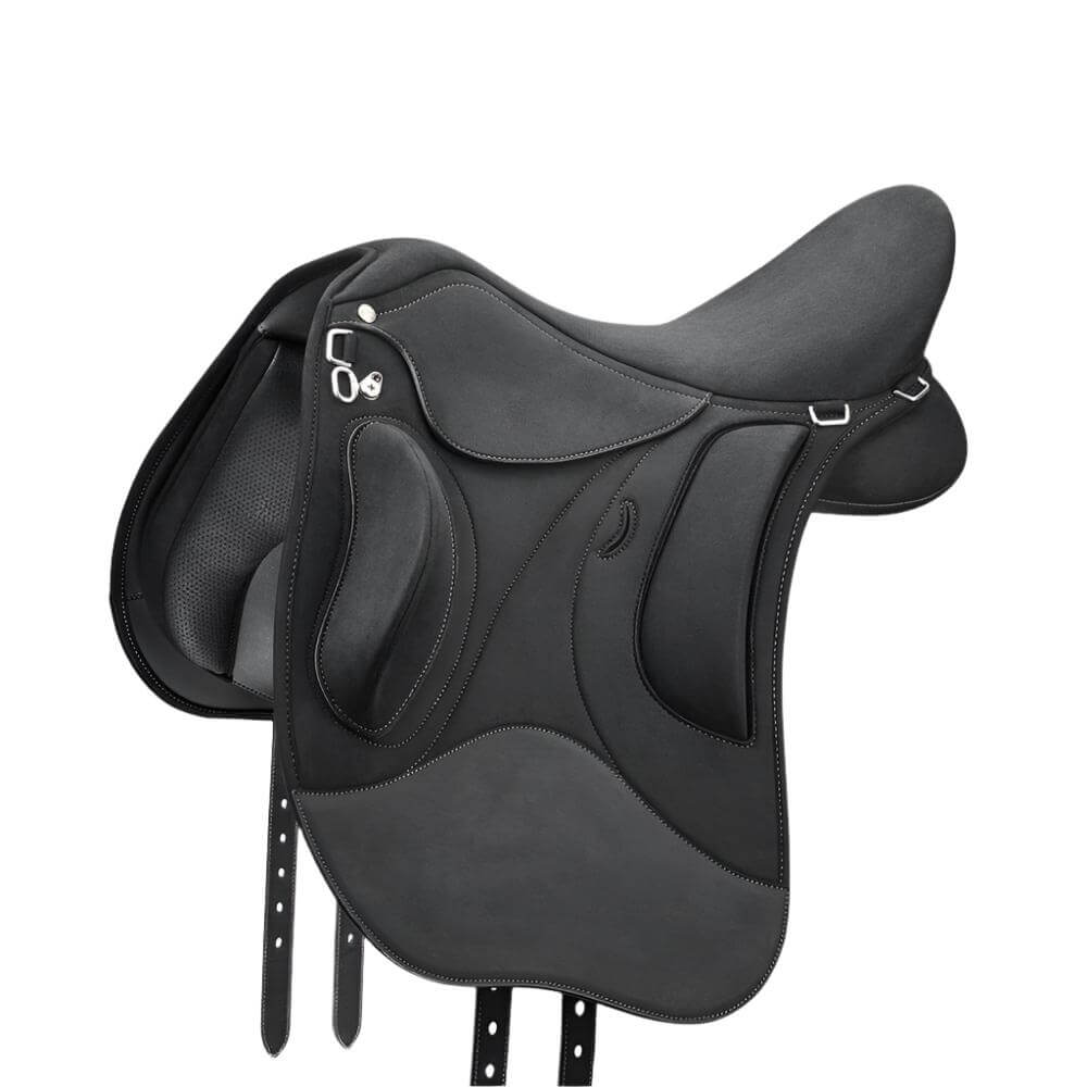 Wintec Pro Endurance Hart Saddle by Wintec, black leather with ergonomic design, side view.