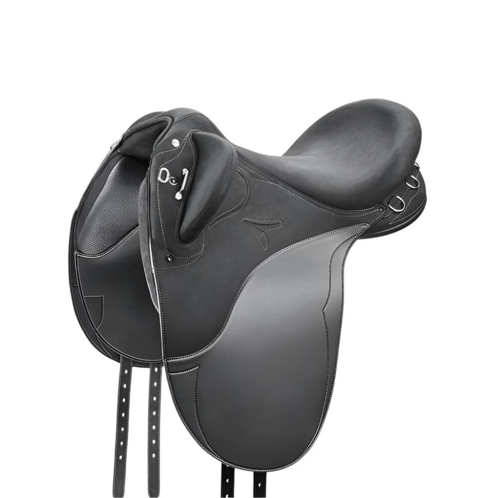 Wintec Pro Stock Hart Saddle by Wintec, black with detailed stitching and knee rolls, on white.