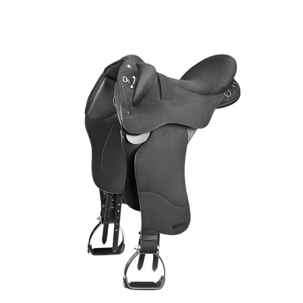 Wintec Pro Stock With Swinging Fender Hart Saddle by Wintec, side view with stirrups.